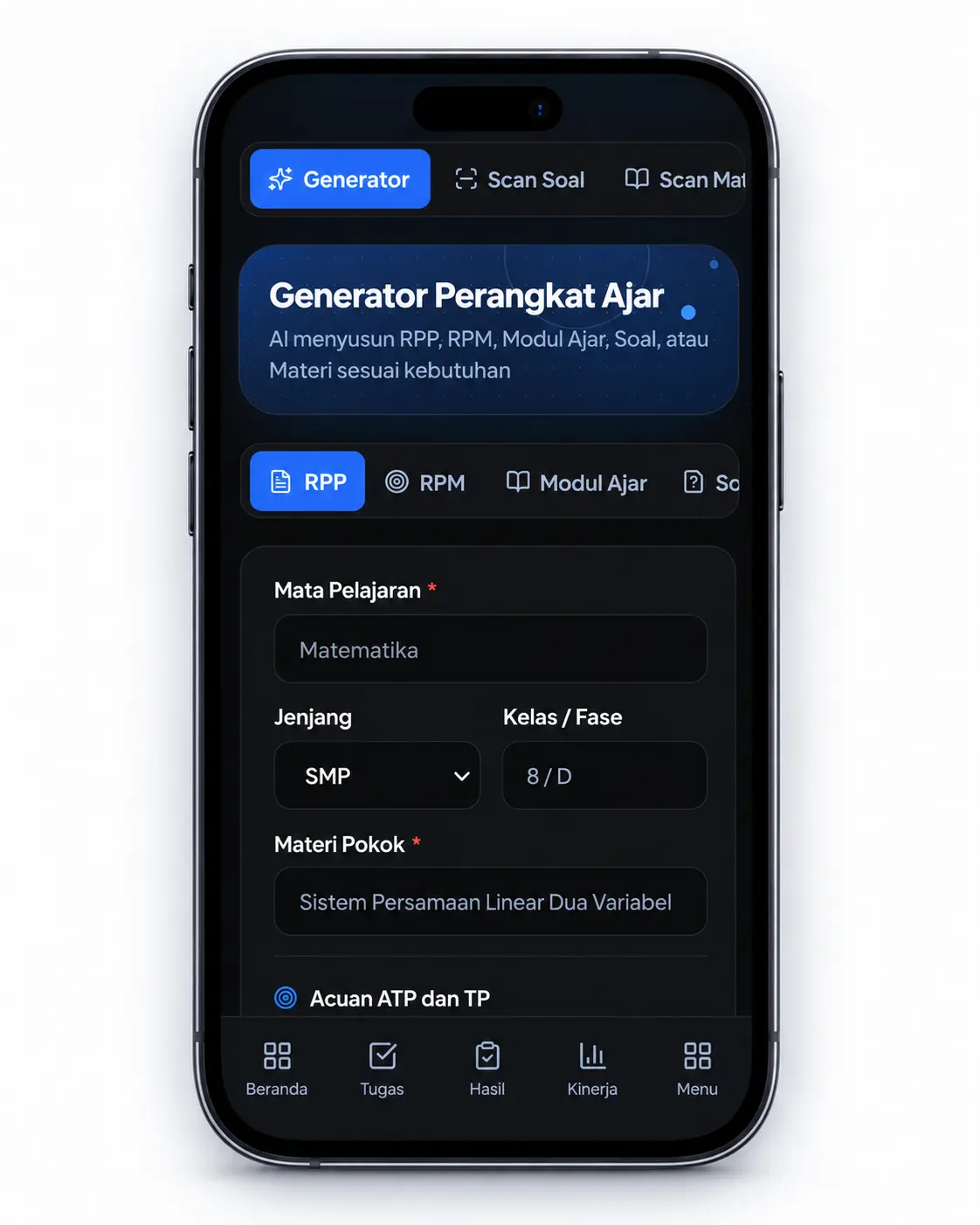 Mockup smartphone menampilkan halaman Generator Perangkat Ajar Guru App