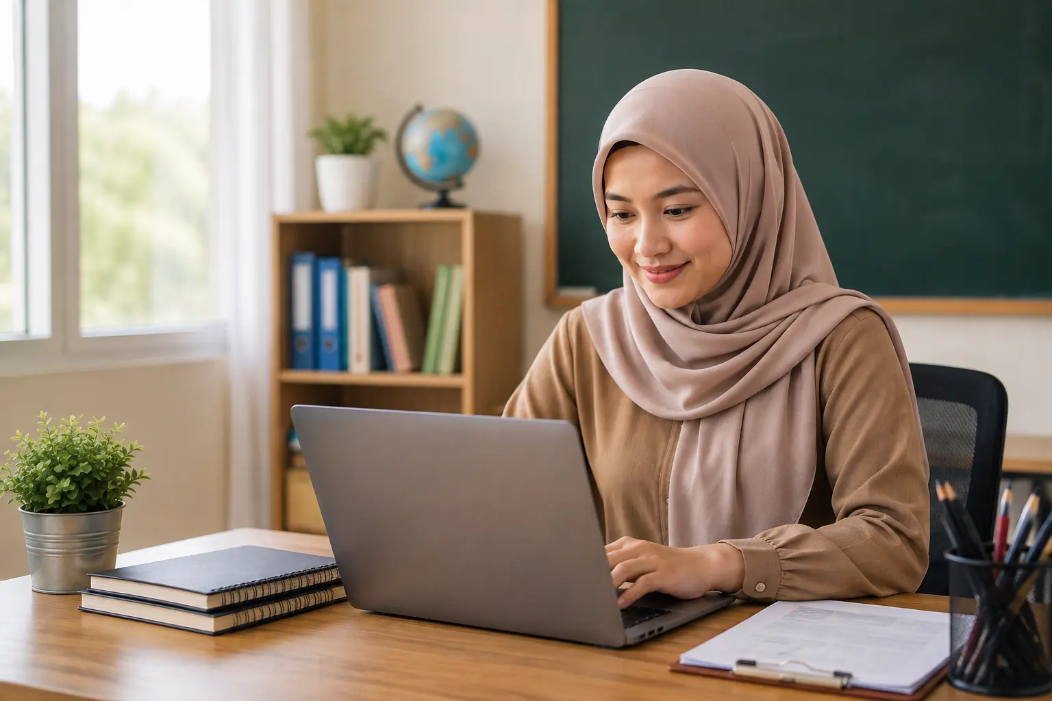 Guru perempuan menggunakan Guru App